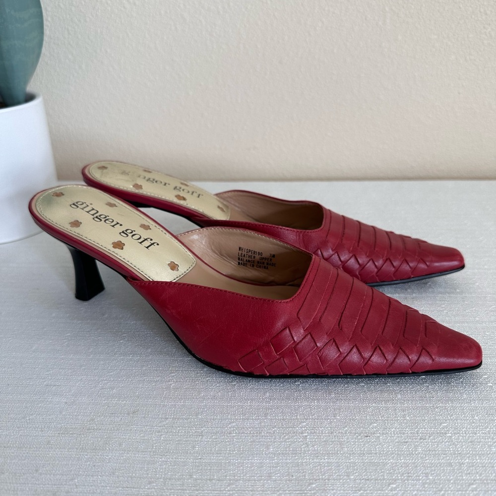 Ginger G Red Leather Woven Pointed Kitten Heel Mules